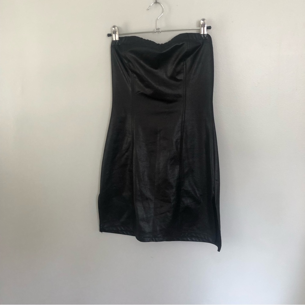 vintage black faux leather strapless dress SMALL